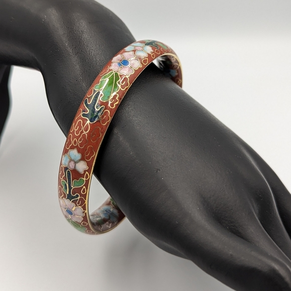 Floral Vintage Cloisonné Costume Bracelet Bangle Red with Flowers - Picture 5 of 11